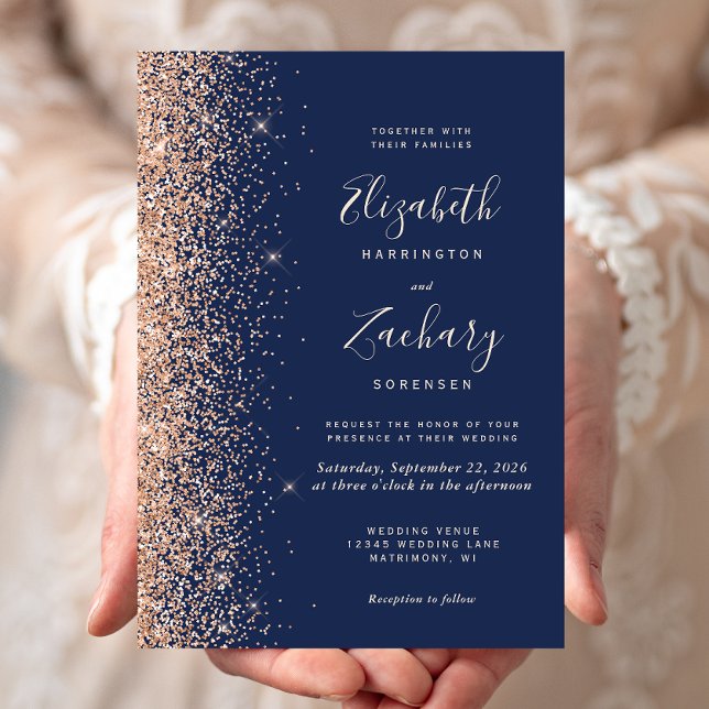 Modern Peach Glitter Edge Navy Blue Wedding Invitation (Creator Uploaded)