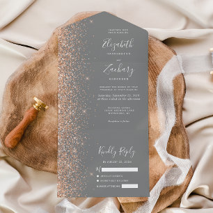 Modern Peach Glitter Gray Wedding All In One Invitation