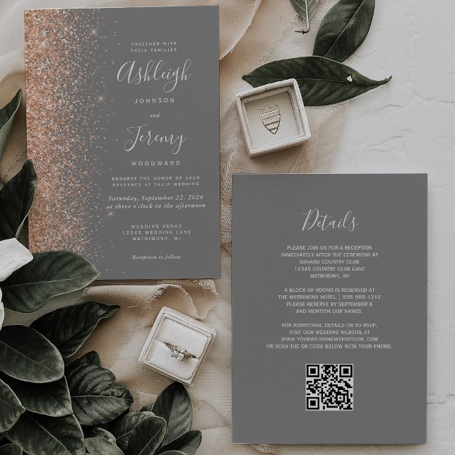 Modern Peach Glitter Grey QR Code Wedding Invitation (Creator Uploaded)
