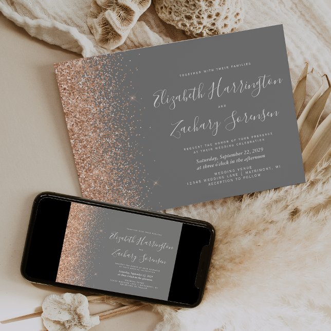 Modern Peach Glitter Grey Wedding Invitation (Creator Uploaded)