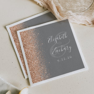 Modern Peach Glitter Grey Wedding Napkin