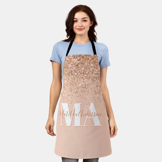 Modern peach glitter monogram personalised apron (Worn)
