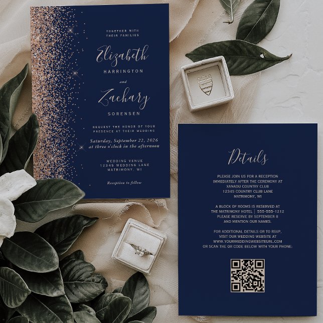 Modern Peach Glitter Navy Blue QR Code Wedding Invitation (Creator Uploaded)