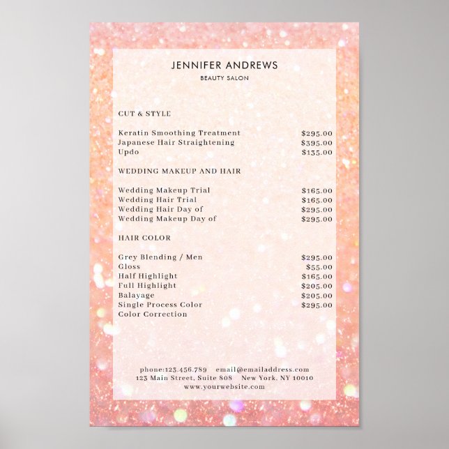 Modern Peach Glitter Salon Price List Poster (Front)