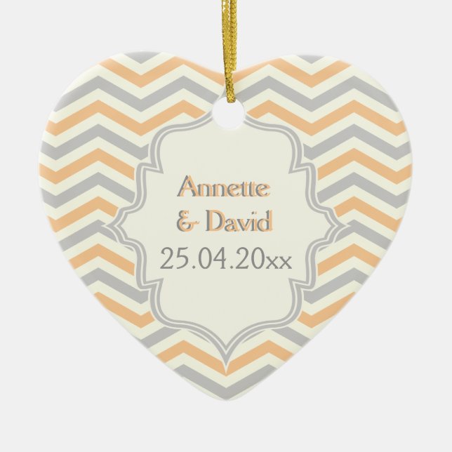 Modern peach, grey, ivory chevron pattern custom ceramic tree decoration (Front)
