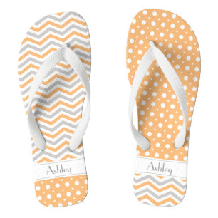 Modern peach, grey, white chevron & polka dot flip flops