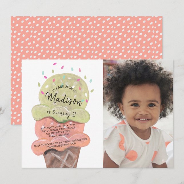 Modern Peach Ice Cream | Birthday Party | Photo Invitation (Front/Back)