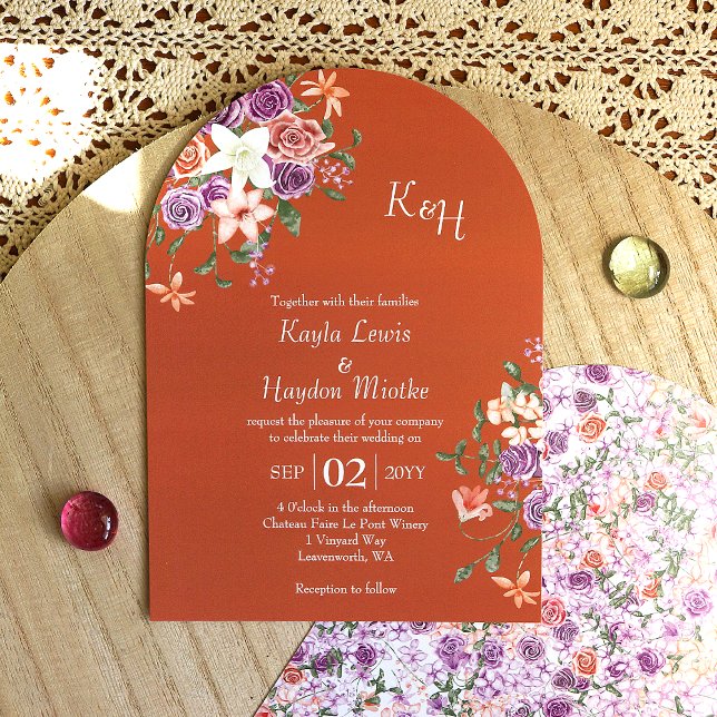 Modern Peach Lilac Terracotta Rose Garden Wedding Invitation (modern arched springtime terracotta peach lavender lilac purple roses boho wedding invitations)