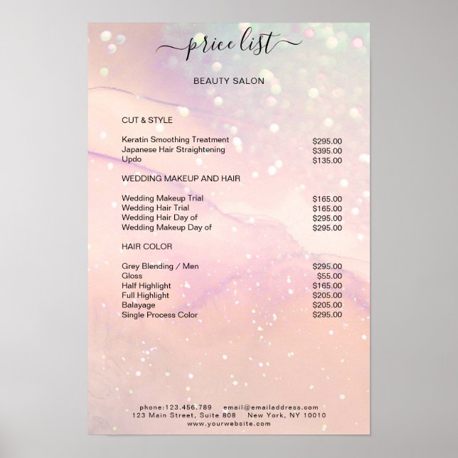 Modern Peach Marble Glitter Salon Price List   Poster (Front)