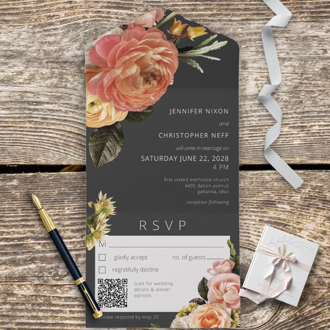 Modern Peach Mimosa Floral Black QR Code All In One Invitation (Creator Uploaded)