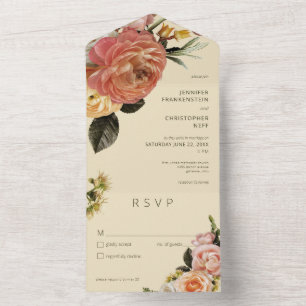 Modern Peach Mimosa Floral Green All In One Invitation