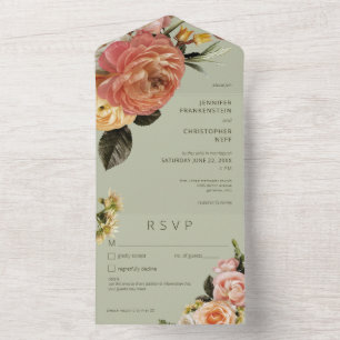 Modern Peach Mimosa Floral Green Details All In One Invitation
