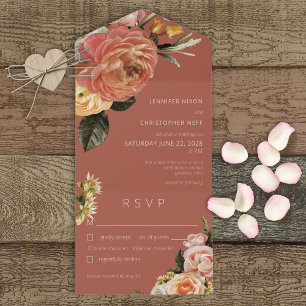 Modern Peach Mimosa Floral Rust Dinner All In One Invitation