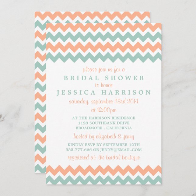 Modern Peach & Mint Chevron Bridal Shower Invitation (Front/Back)