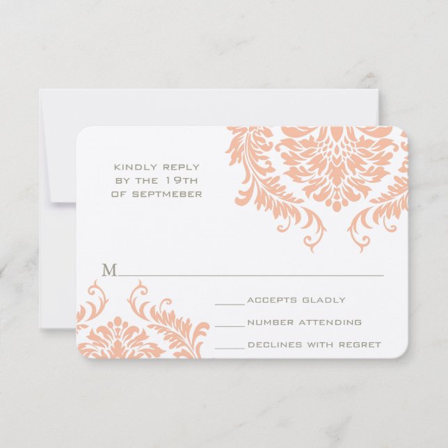 Modern Peach Mushroom Damask Wedding RSVP Card (Front)
