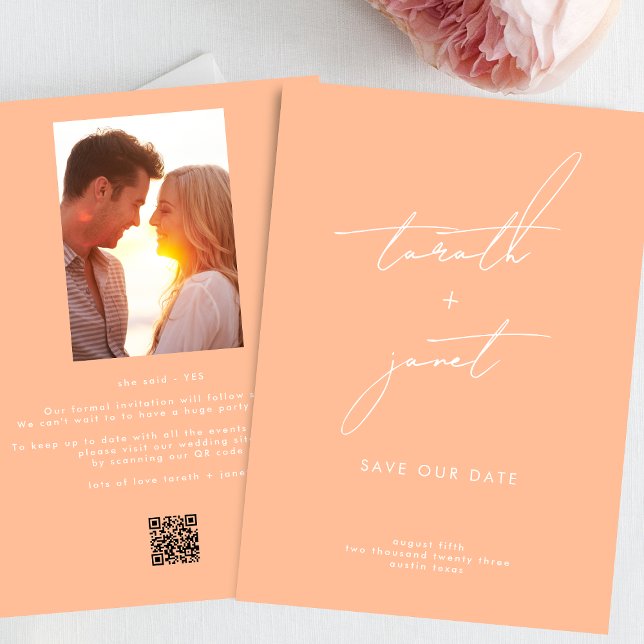 MODERN PEACH NAMES | Photo QR Code SAVE OUR DATE Invitation (Creator Uploaded)