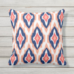 Modern peach navy coral Ikat Tribal Pattern 1a Cushion