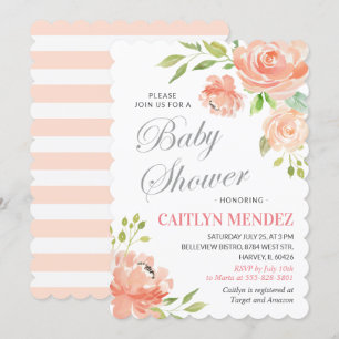 Modern Peach Peony Floral Baby Shower Girl Boy Invitation