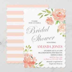 Modern Peach Peony Floral Bridal Shower Elegant Invitation