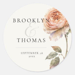 Modern Peach Peony Minimalist Botanical Wedding Classic Round Sticker