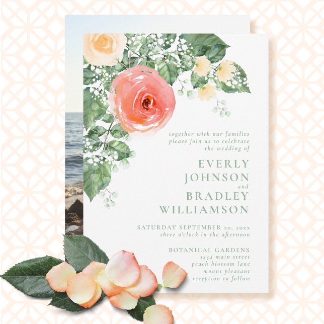 Modern Peach Photo Spring Summer Floral Wedding Invitation (Creator Uploaded)