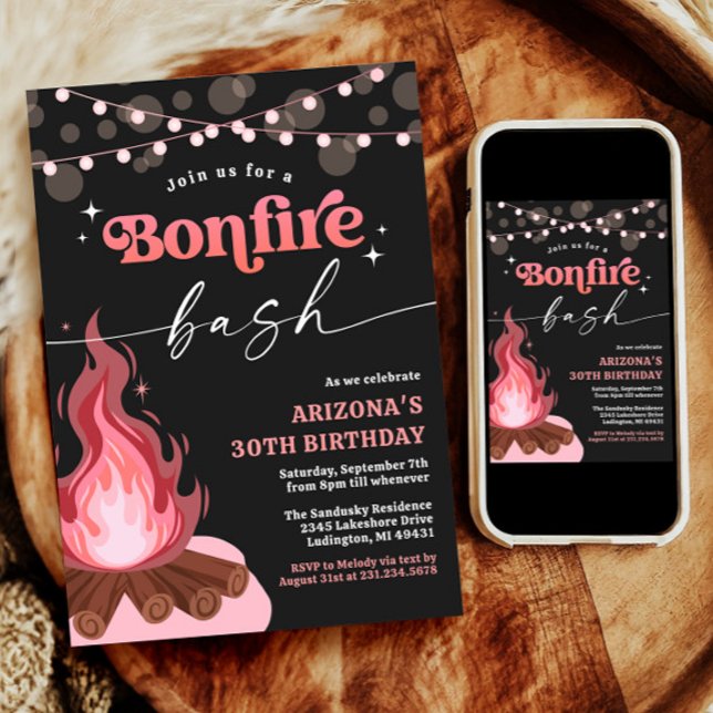 Modern Peach Pink Bonfire Invitation, Bonfire Bash Invitation (Pink Birthday Backyard Bonfire Invitation)
