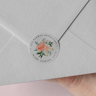 Modern Peach pink Bouquet Botanical Return address Classic Round Sticker