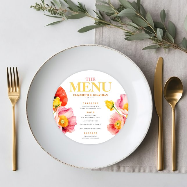 Modern Peach Pink Orange Poppies Wedding Menu (Creator Uploaded)