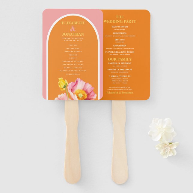 Modern Peach Pink Orange Poppies Wedding Program Hand Fan (Front and Back)