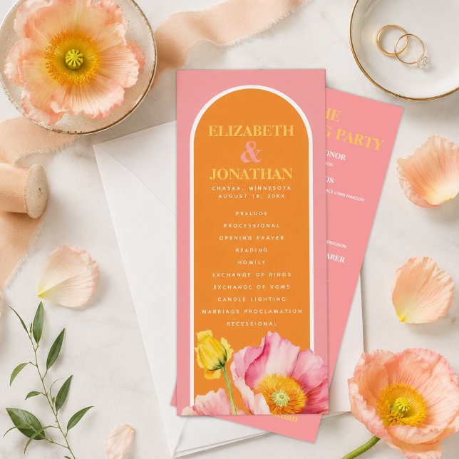 Modern Peach Pink Orange Poppies Wedding Program Invitation (Modern Peach Pink Orange Poppies Wedding Program)