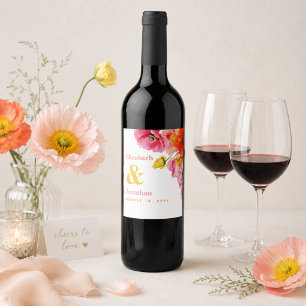 Modern Peach Pink Orange Yellow Poppies Wedding Wine Label