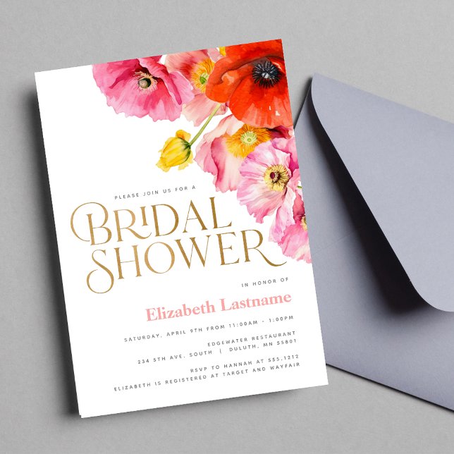 Modern Peach Pink Yellow Poppies Bridal Shower Invitation (Creator Uploaded)