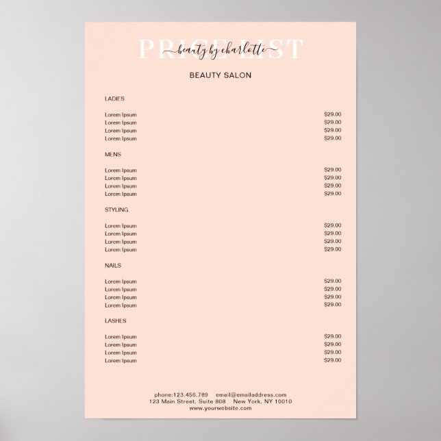 Modern Peach Price List Poster (Front)