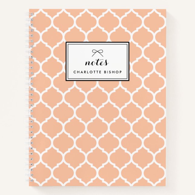 Modern Peach Quatrefoil Pattern Personalised Notebook (Front)