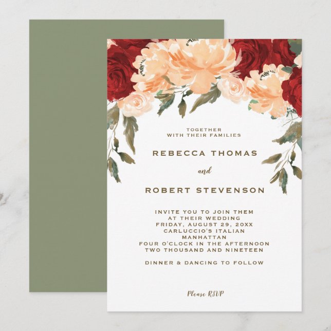 modern peach red roses wedding invitation (Front/Back)