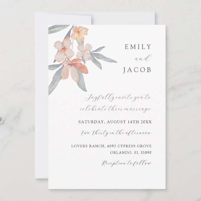 Modern Peach & Sage Floral Watercolor Wedding Invitation (Front)