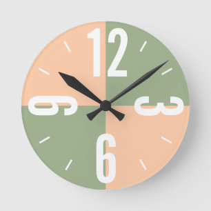 Modern peach sage green colour blocks large number round clock