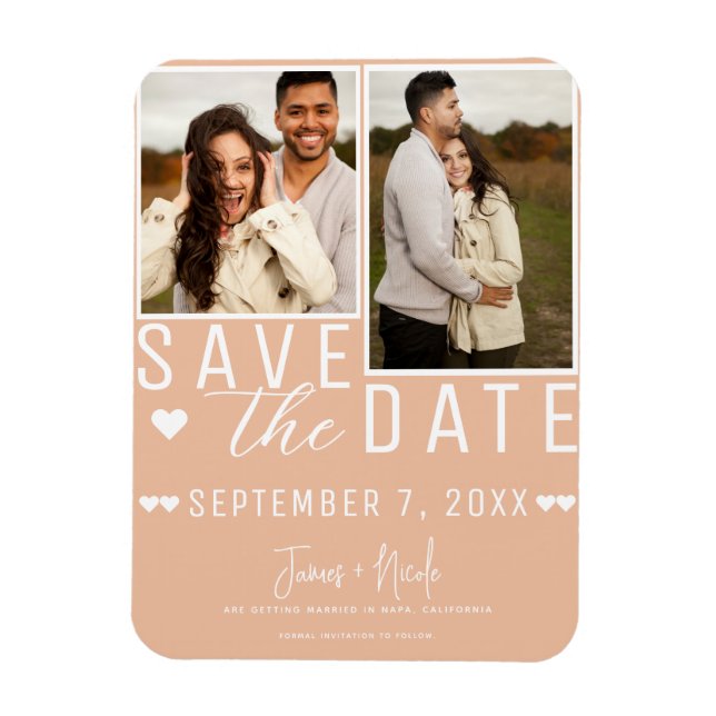 Modern Peach Save the Date 2 Photo Wedding Magnet (Vertical)