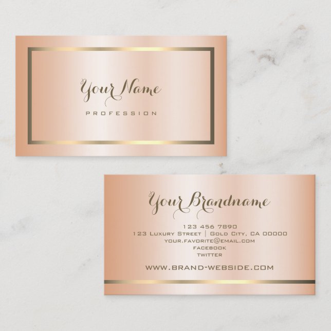 Modern Peach Shimmery Gold Frame Decorative Business Card (Front/Back)