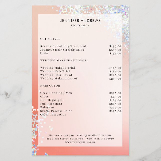 Modern Peach Silver Glitter Salon Price List Flyer (Front)