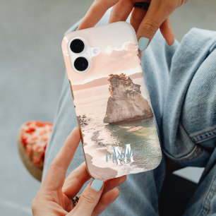 Modern Peach Sunset Beach Photo Monogram M Name