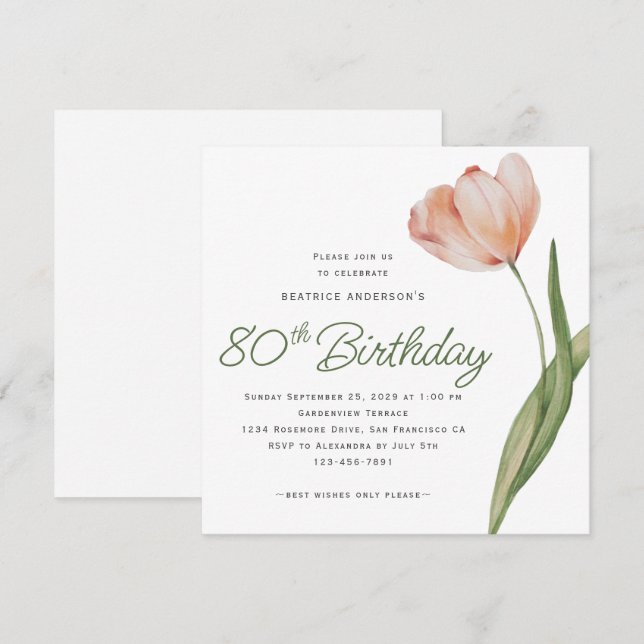 Modern Peach Watercolor Floral 80th Birthday Party Invitation (Front/Back)