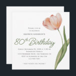 Modern Peach Watercolor Floral 80th Birthday Party Invitation<br><div class="desc">A simple modern 80th Birthday party invitation. The design features a single stem of a peach watercolor tulip. Personalise with all of your important details including the guest of honours name,  date,  time,  location and RSVP information.</div>