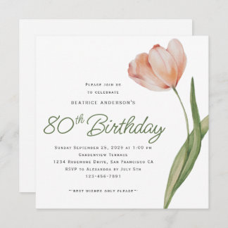 Modern Peach Watercolor Floral 80th Birthday Party Invitation