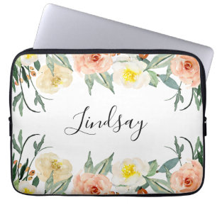 Modern Peach Watercolor Flowers Monogrammed Laptop Sleeve