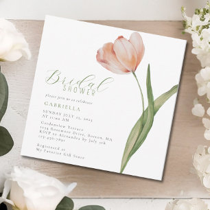 Modern Peach Watercolor Tulip Green Bridal Shower Invitation