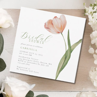 Modern Peach Watercolor Tulip Green Bridal Shower Invitation
