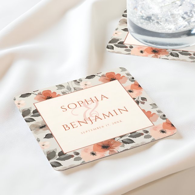 Modern Peach Wedding  Square Paper Coaster (Creator Uploaded)