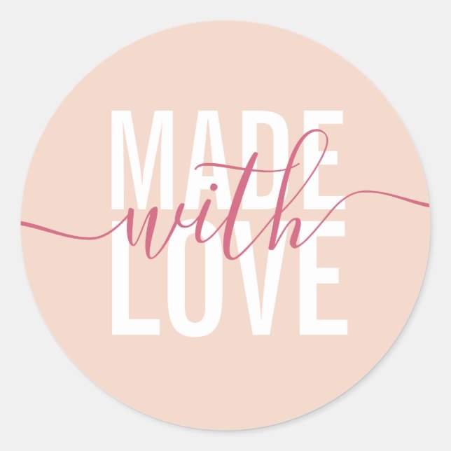 Modern peach white script made with love packaging classic round sticker (Front)
