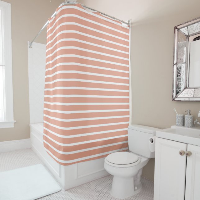 Modern Peach & White Striped Shower Curtain  (In Situ)
